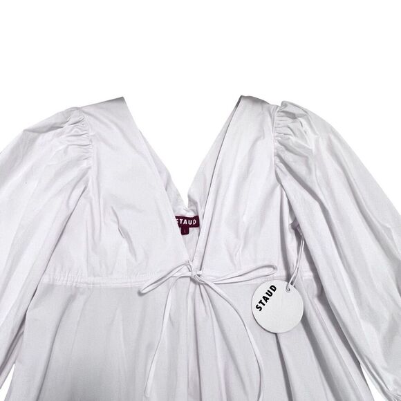 STAUD AMARETTI DRESS Plunge Neck Bishop Sleeve Gown Maxi Dress White Size L - Picture 8 of 15